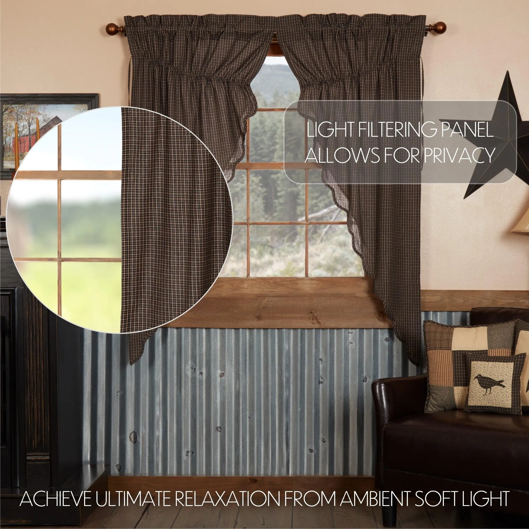 Kettle Grove Plaid Prairie Short Panel Curtain Scalloped Set of 2 63x36x18