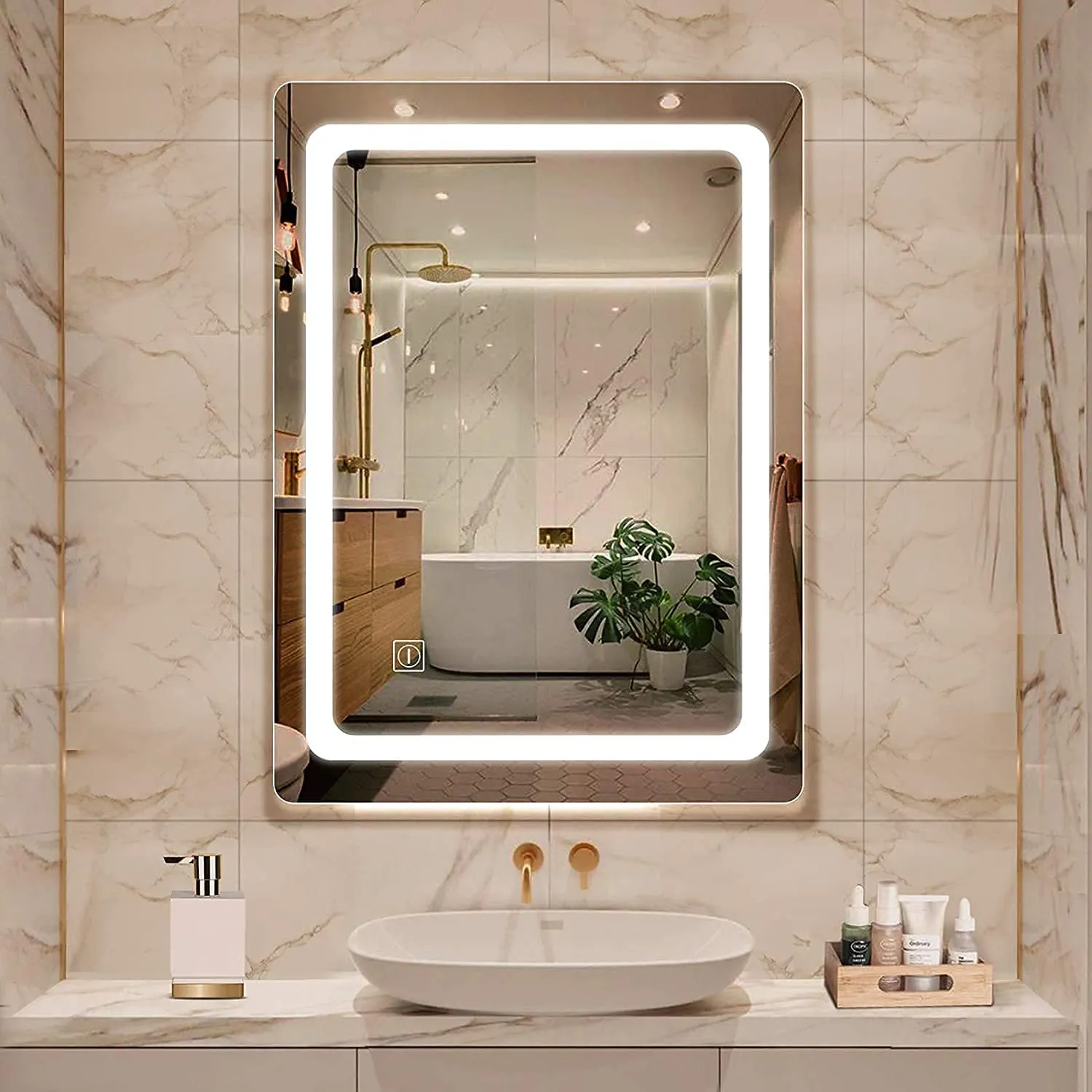Khushi Decors Image Glass Mirror for Bathroom, Washbasin, Home Makeup Led Light Mirror Touch Sensor (18 x 24 inch, Silver)