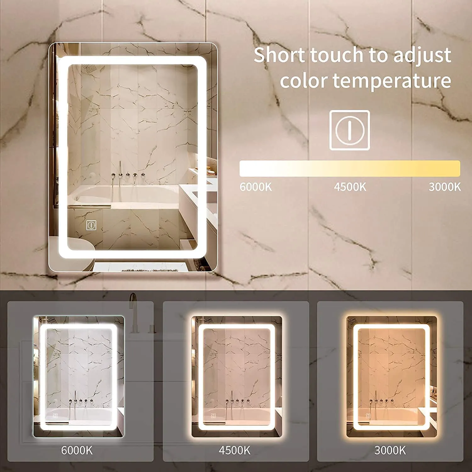 Khushi Decors Image Glass Mirror for Bathroom, Washbasin, Home Makeup Led Light Mirror Touch Sensor (18 x 24 inch, Silver)
