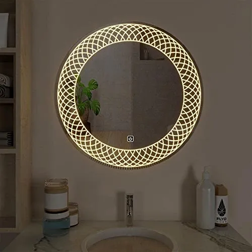 LAXMI Glass Shop Wall Mounted Led Touch Sensor Mirror with Aluminum Frame | LED Illuminated Modern Design Vanity Round Mirror for Bathroom, Bedroom & Makeup Room (24inch x 24inch)