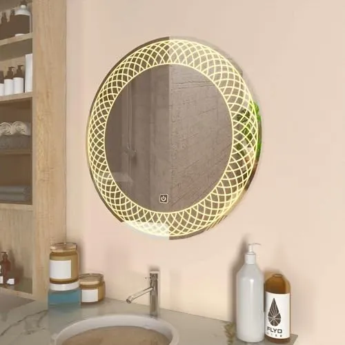 LAXMI Glass Shop Wall Mounted Led Touch Sensor Mirror with Aluminum Frame | LED Illuminated Modern Design Vanity Round Mirror for Bathroom, Bedroom & Makeup Room (24inch x 24inch)