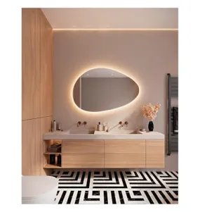 LAXMI Glass Shop Wall-Mounted Vanity Mirrors | Irregular Oval LED Lighted Mirror | Asymmetrical Modern Bathroom Mirror | 3-Color LED Dimmable | acklit Wall-Mounted Vanity Mirror (50x70 cm)