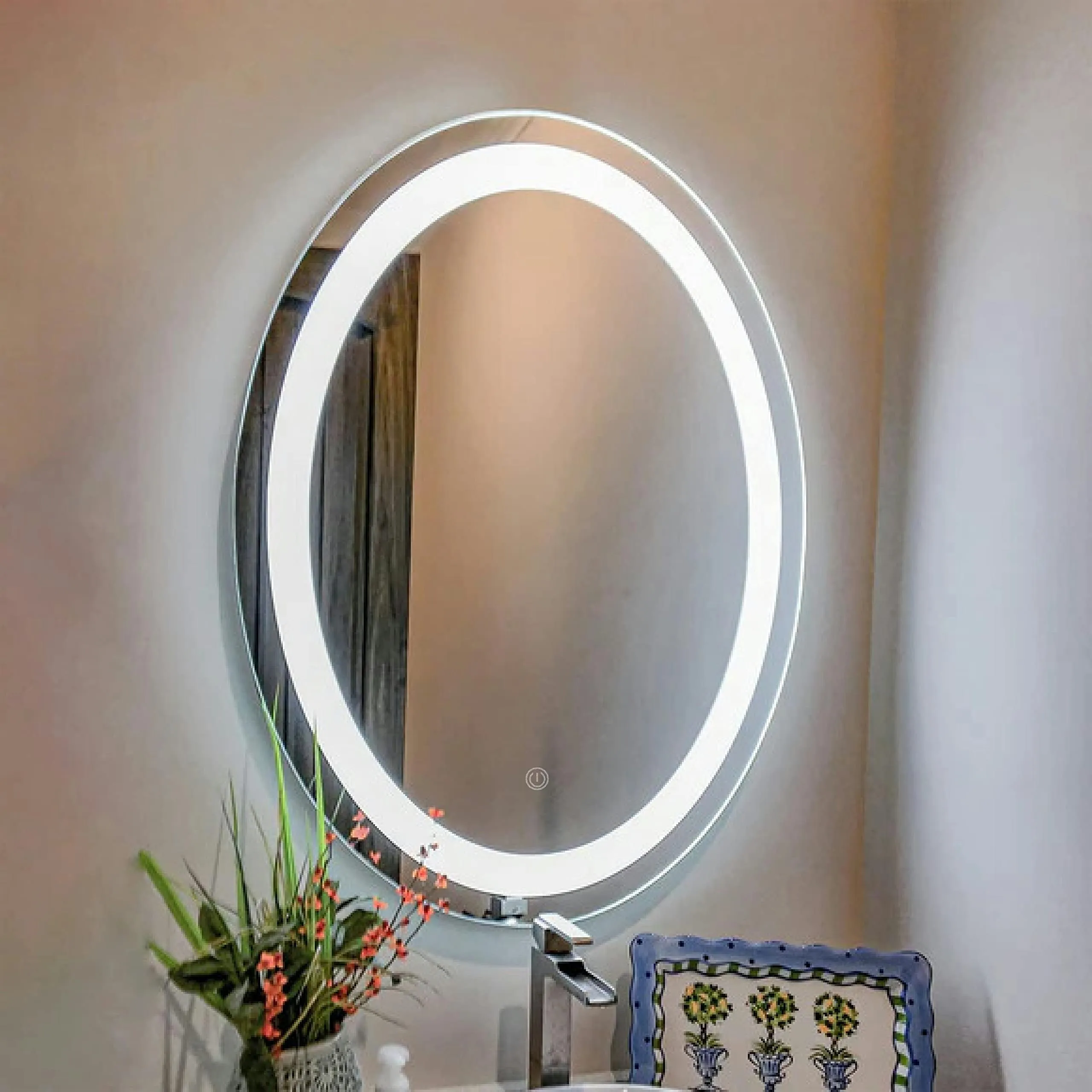 LED Mirror Glass Bathroom Wall with 3 in 1 Color LED's (White, Warm, Warm White) (Oval,Unframed)