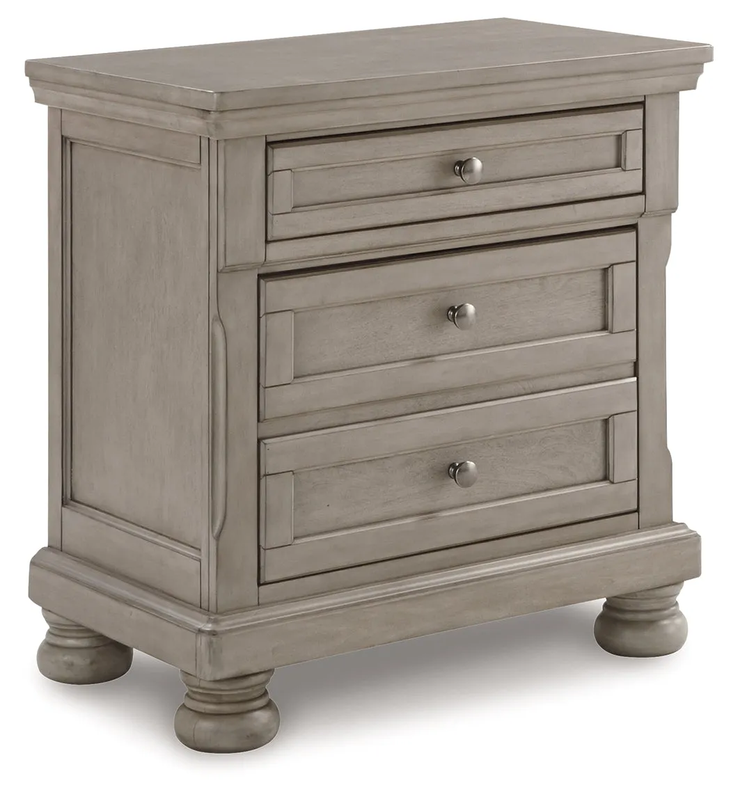 Lettner King Sleigh Bed with 2 Storage Drawers with Mirrored Dresser, Chest and 2 Nightstands in Light Gray