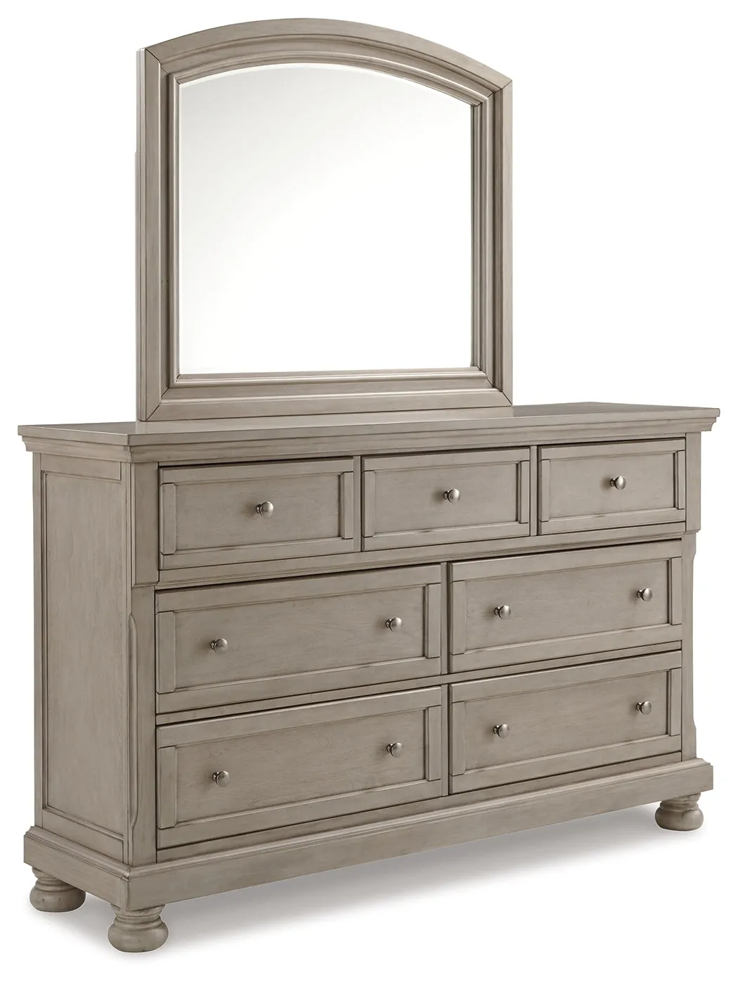 Lettner King Sleigh Bed with 2 Storage Drawers with Mirrored Dresser, Chest and 2 Nightstands in Light Gray