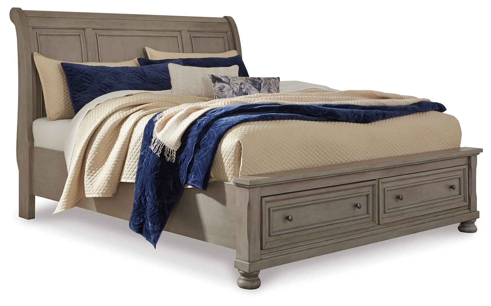 Lettner King Sleigh Bed with 2 Storage Drawers with Mirrored Dresser, Chest and 2 Nightstands in Light Gray