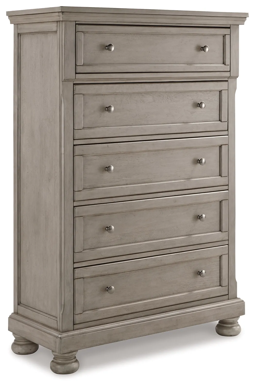 Lettner King Sleigh Bed with 2 Storage Drawers with Mirrored Dresser, Chest and 2 Nightstands in Light Gray