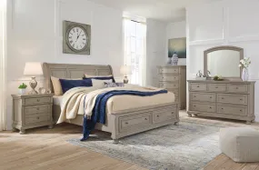 Lettner King Sleigh Bed with 2 Storage Drawers with Mirrored Dresser, Chest and 2 Nightstands in Light Gray