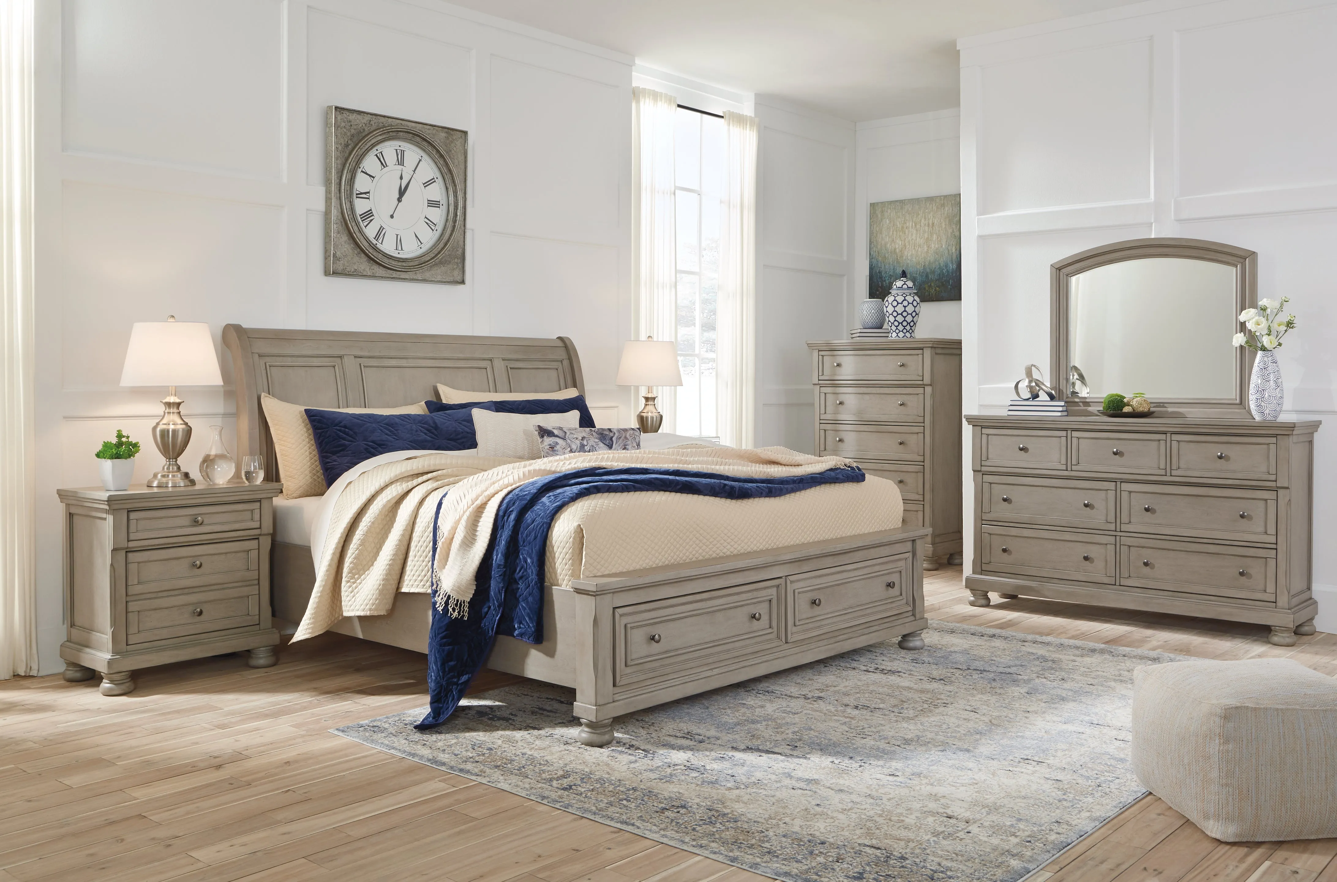 Lettner King Sleigh Bed with 2 Storage Drawers with Mirrored Dresser, Chest and 2 Nightstands in Light Gray