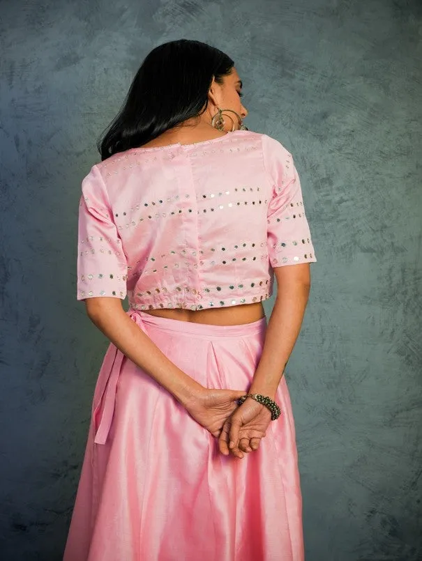 Light Pink Chanderi Wrap Around Lehenga Set (Set of 3)