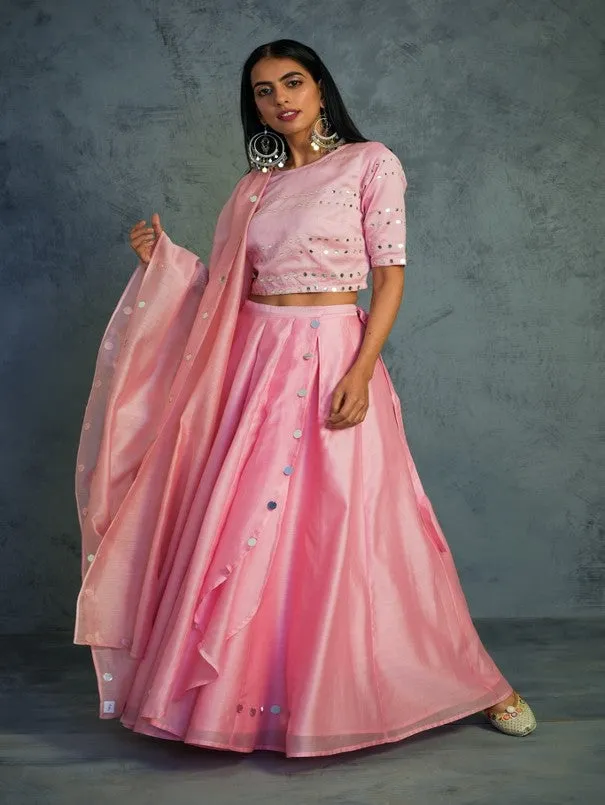 Light Pink Chanderi Wrap Around Lehenga Set (Set of 3)