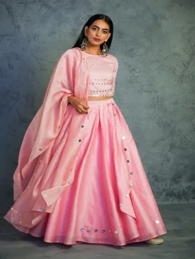 Light Pink Chanderi Wrap Around Lehenga Set (Set of 3)