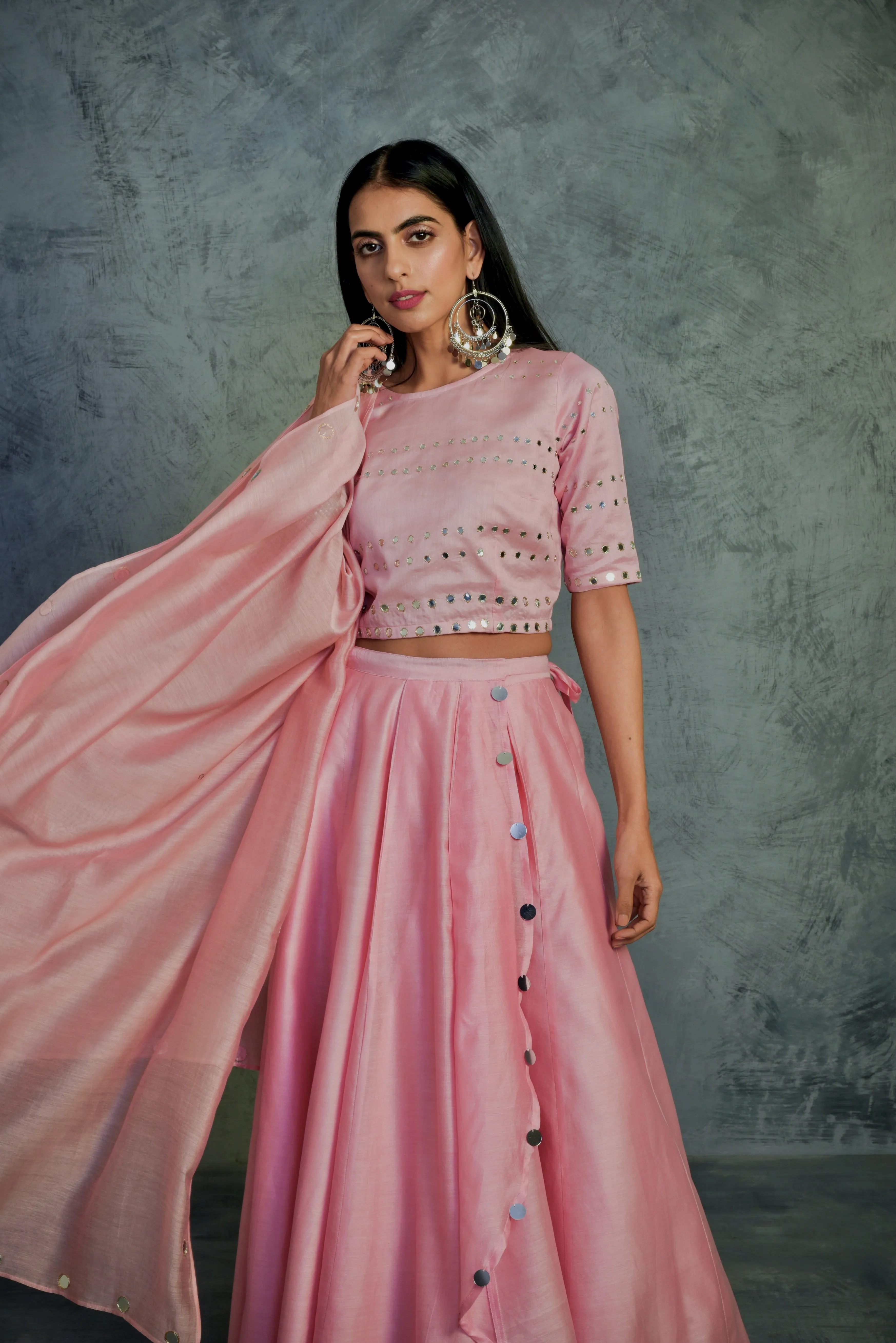 Light Pink Crop-top Wrap Lehenga - Set of 3
