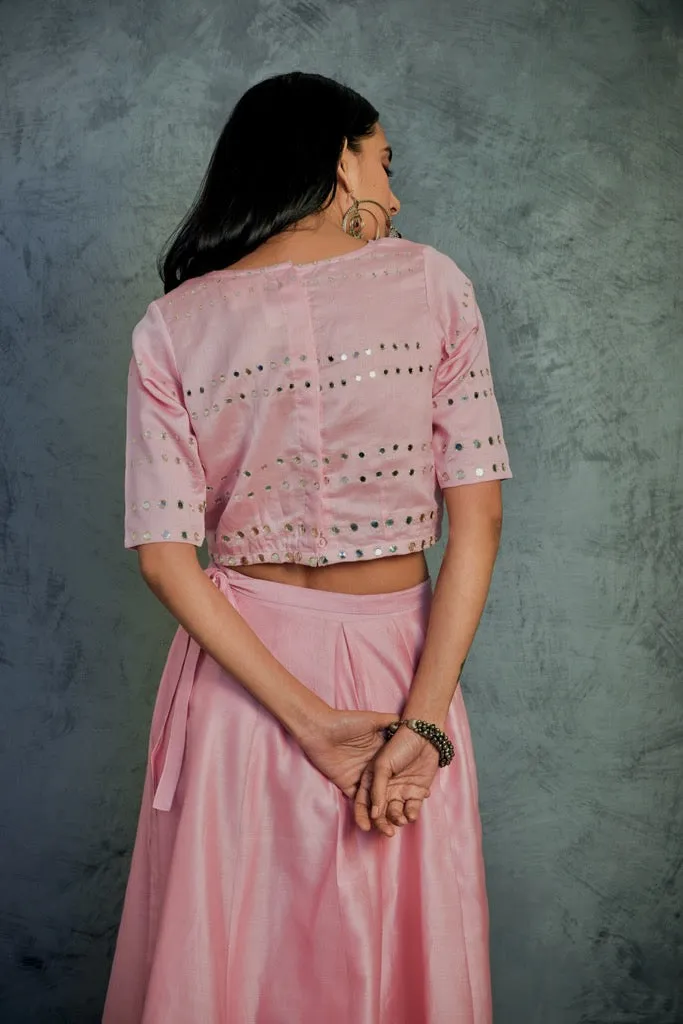 Light Pink Crop-top Wrap Lehenga - Set of 3