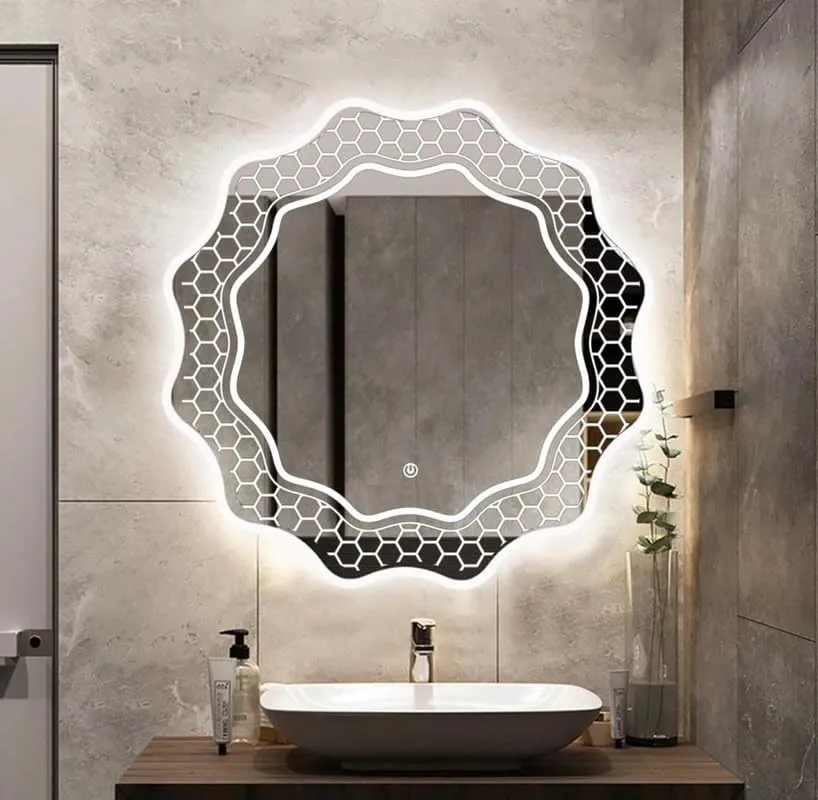 MERKEZI ART MC25 LED Light Mirror for Wall, Bathroom, Bedroom, Living Room, Makeup Room, 3 in 1 Color Light Wall Mirror (24 x 24 Inch)