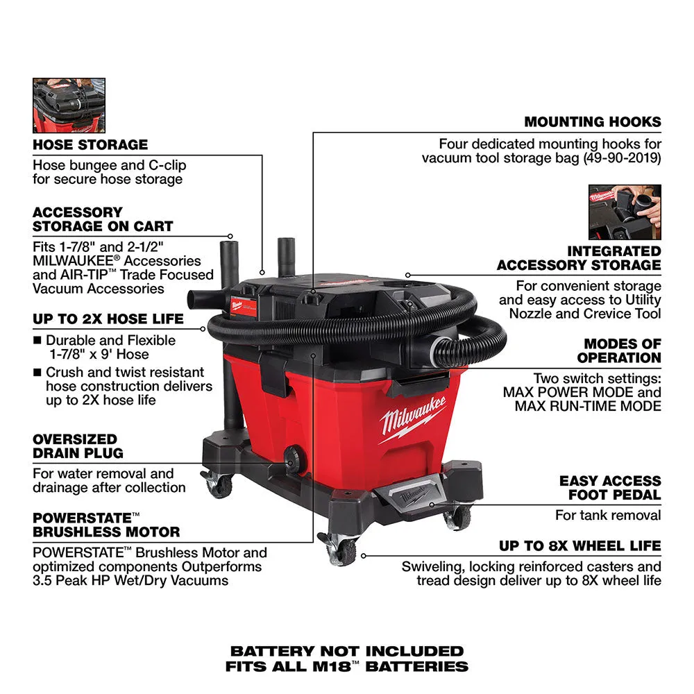Milwaukee 0910-20LN M18 FUEL 6 Gallon Wet/Dry Vacuum w/ AIR-TIP Brush/Nozzle Kit