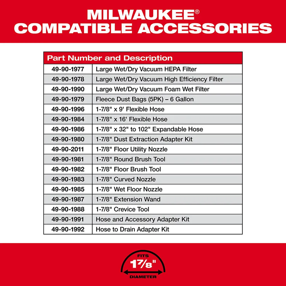 Milwaukee 0910-20LN M18 FUEL 6 Gallon Wet/Dry Vacuum w/ AIR-TIP Brush/Nozzle Kit