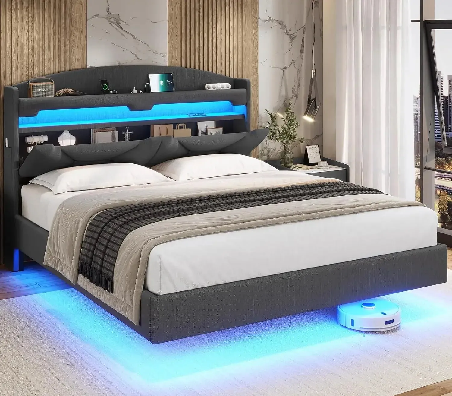 Modern Floating Bed Frame with RGB LED Lights