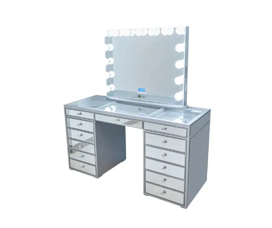 Natalia Mirrored Hollywood Makeup Vanity Station - Silver