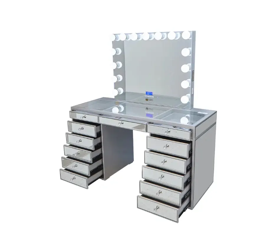Natalia Mirrored Hollywood Makeup Vanity Station - Silver