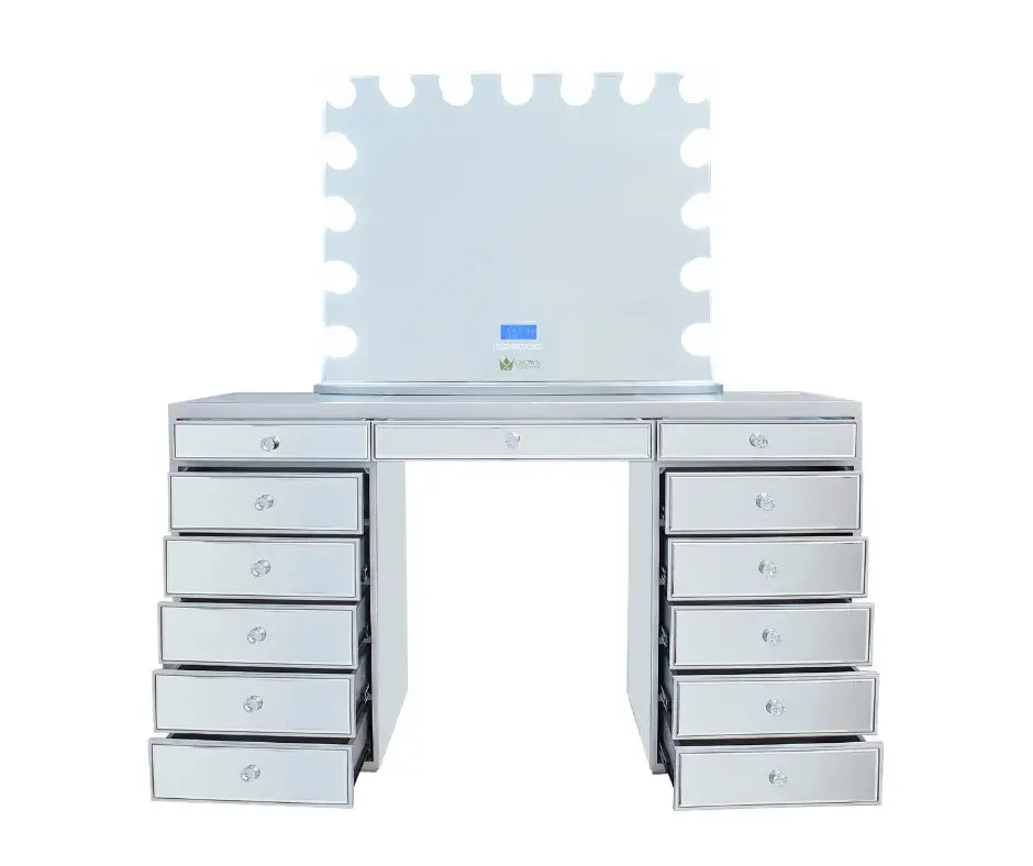 Natalia Mirrored Hollywood Makeup Vanity Station - Silver