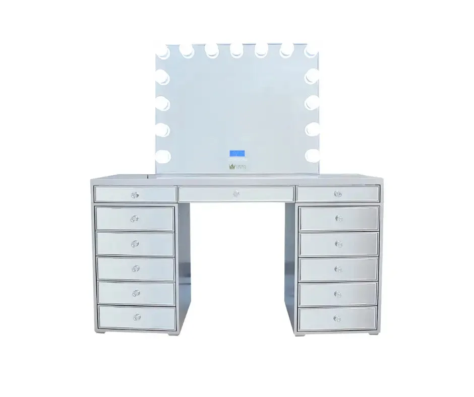 Natalia Mirrored Hollywood Makeup Vanity Station - Silver