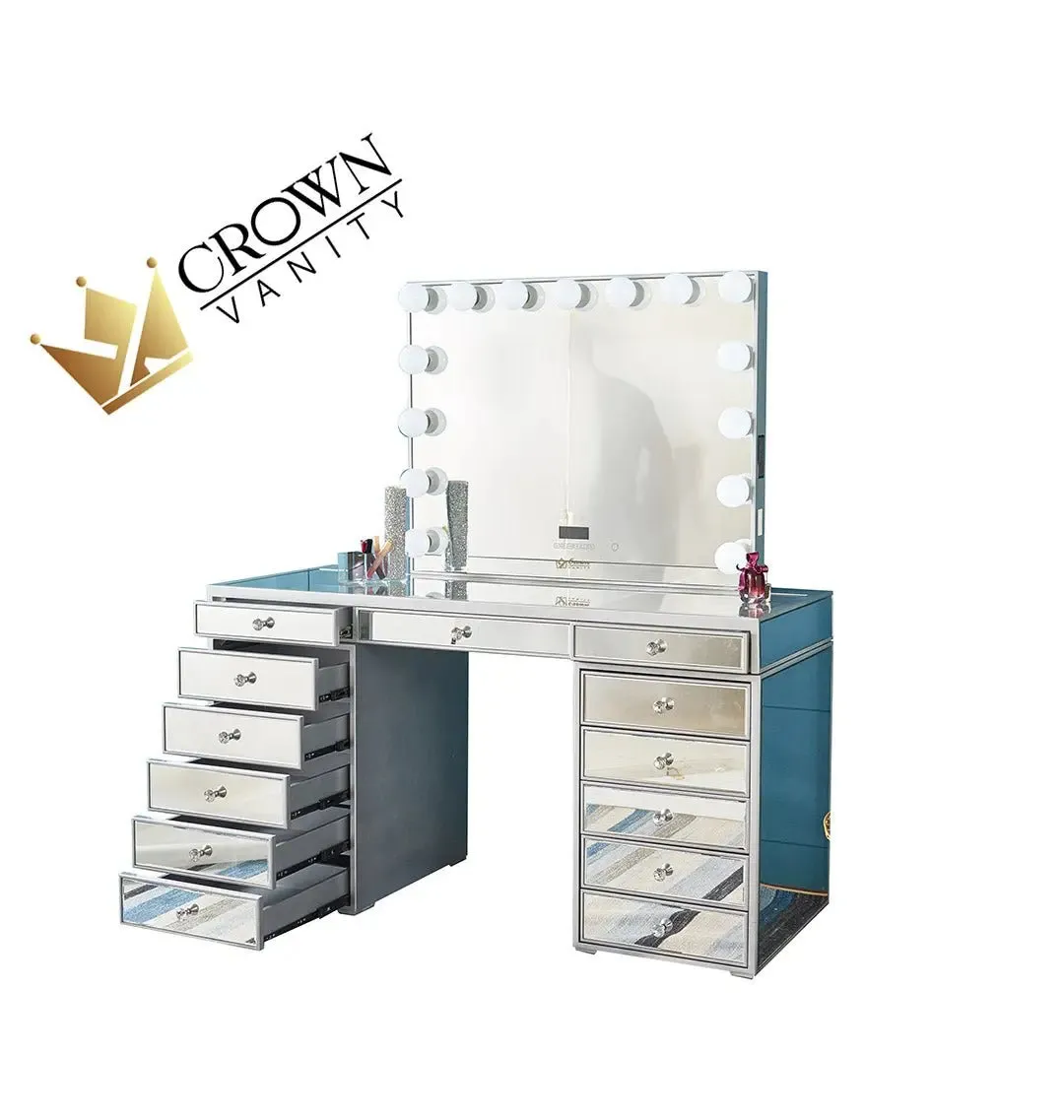 Natalia Mirrored Hollywood Makeup Vanity Station - Silver