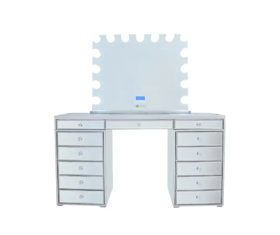 Natalia Mirrored Hollywood Makeup Vanity Station - Silver