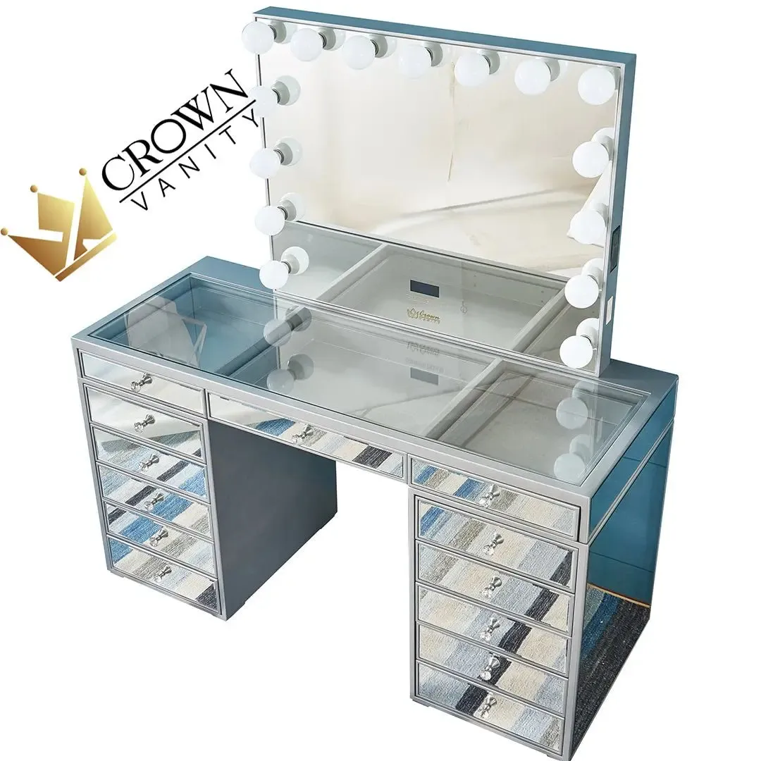 Natalia Mirrored Hollywood Makeup Vanity Station - Silver
