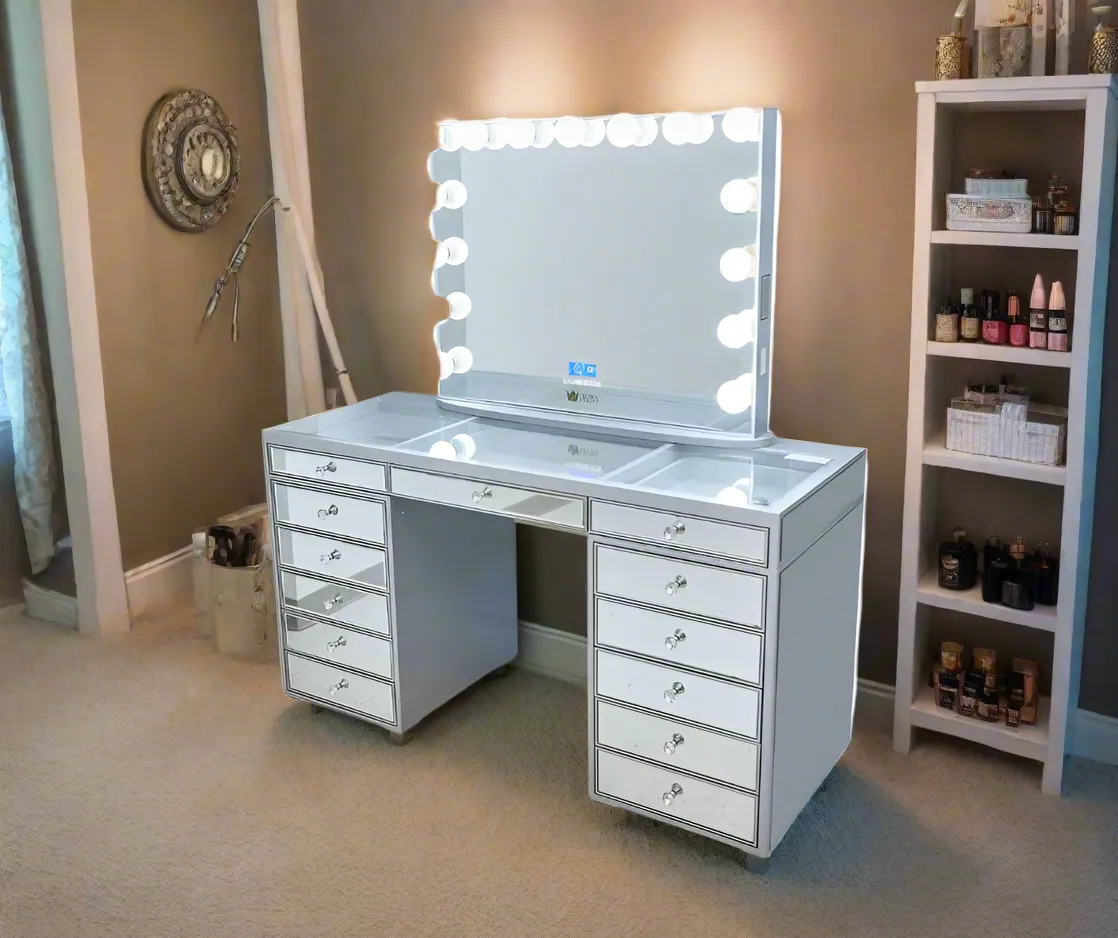 Natalia Mirrored Hollywood Makeup Vanity Station - Silver