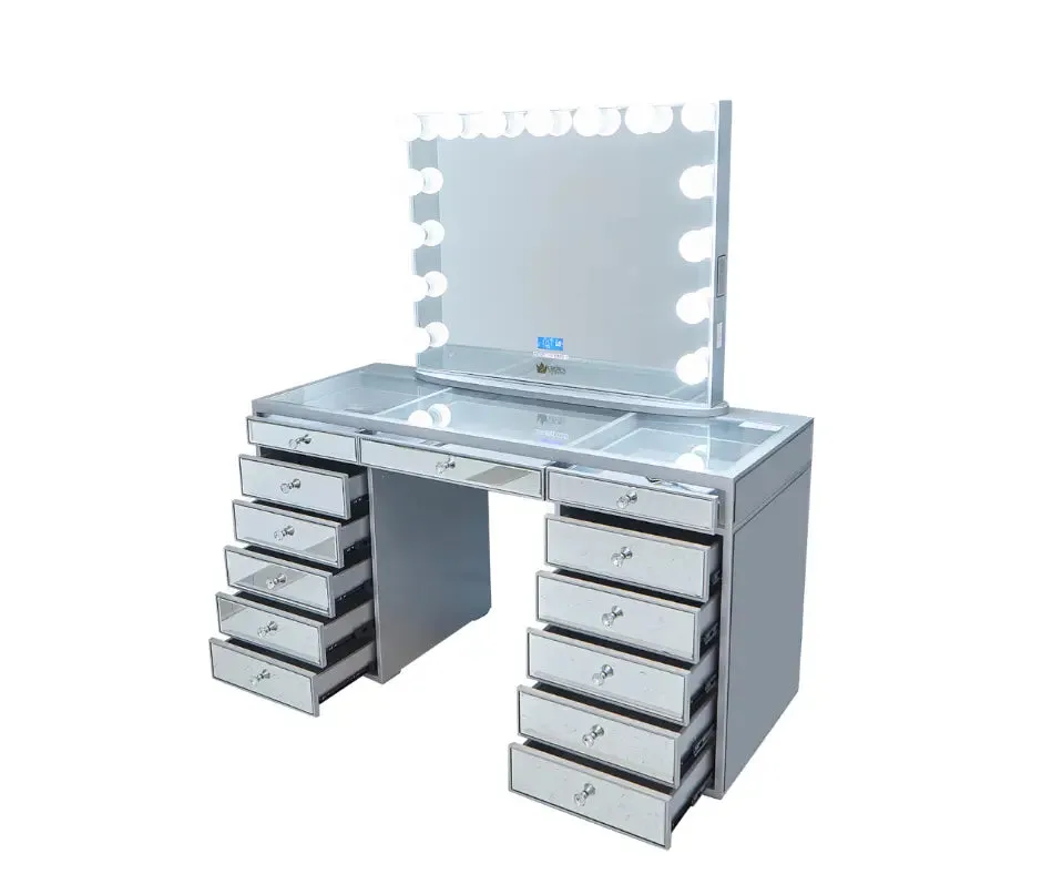 Natalia Mirrored Hollywood Makeup Vanity Station - Silver