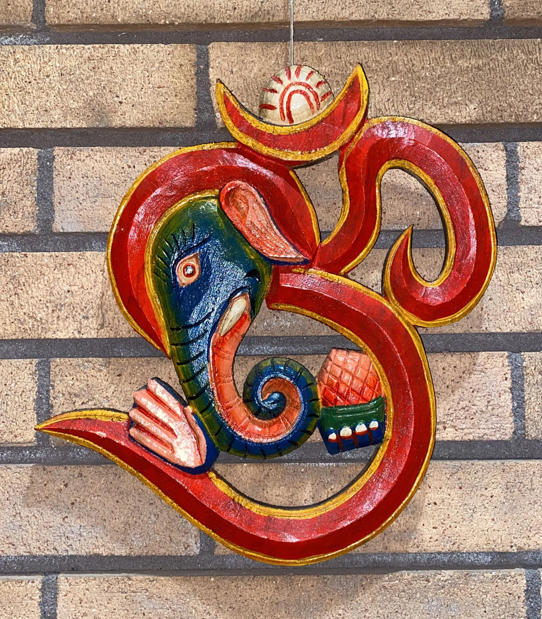 Om Sign Abhaya Mudra Ganesh Hand-Carved Wooden Panel (XL)