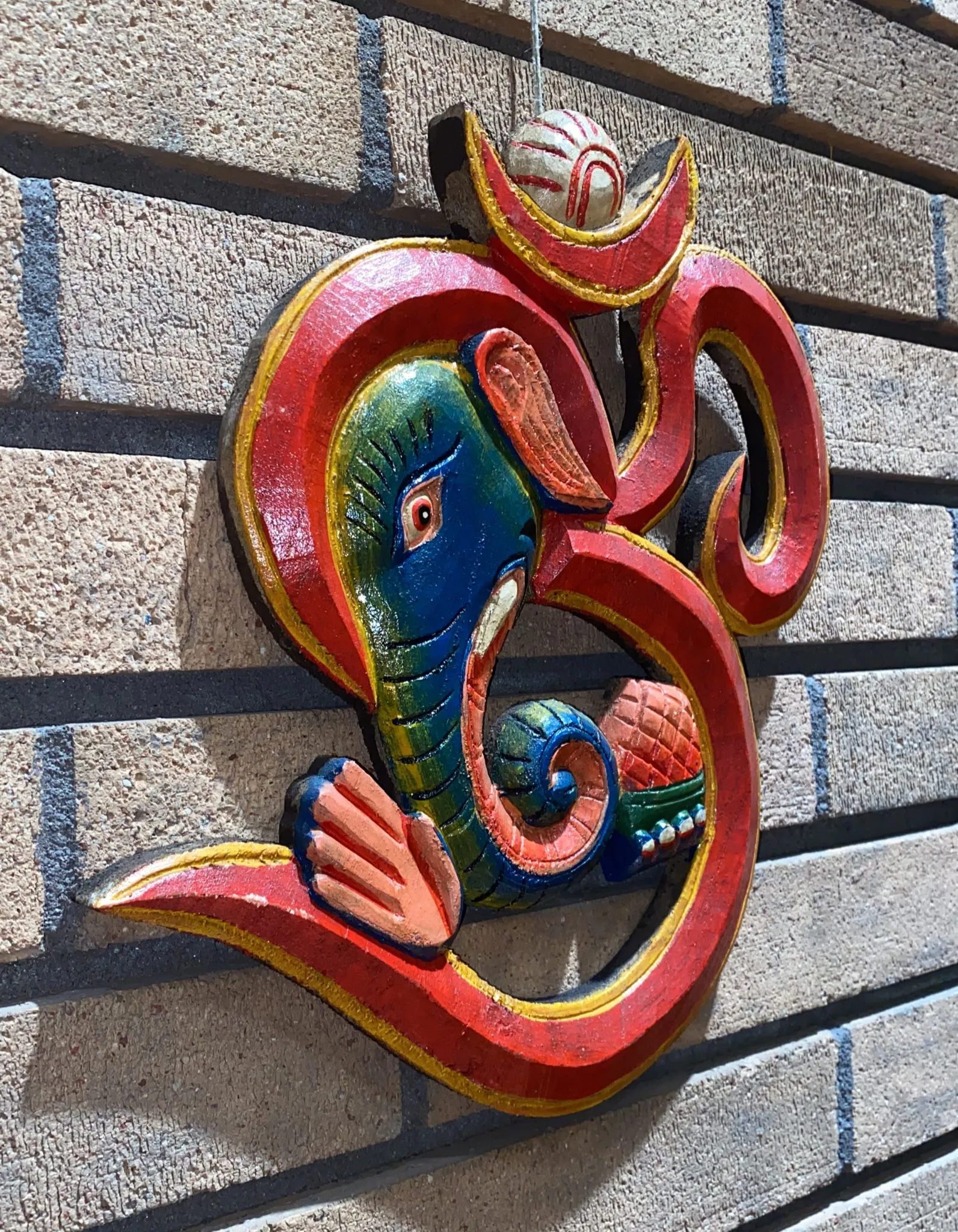 Om Sign Abhaya Mudra Ganesh Hand-Carved Wooden Panel (XL)