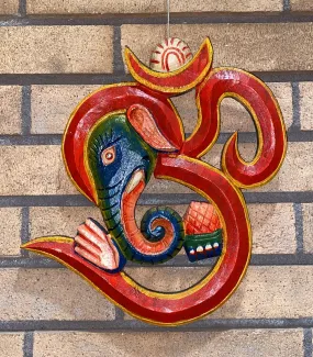Om Sign Abhaya Mudra Ganesh Hand-Carved Wooden Panel (XL)