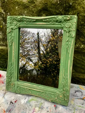 Ornate small wall mirror updated in  green