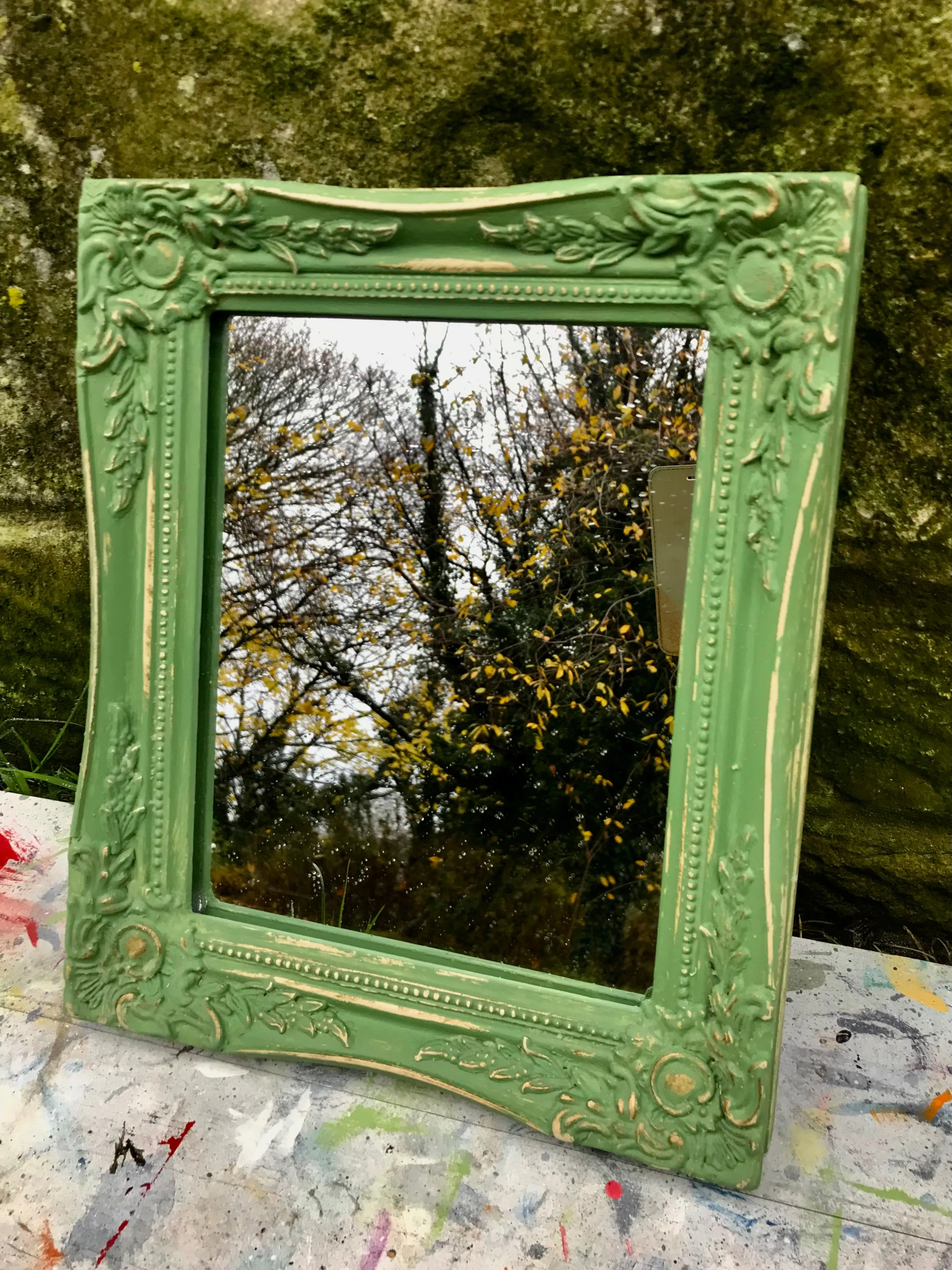 Ornate small wall mirror updated in  green