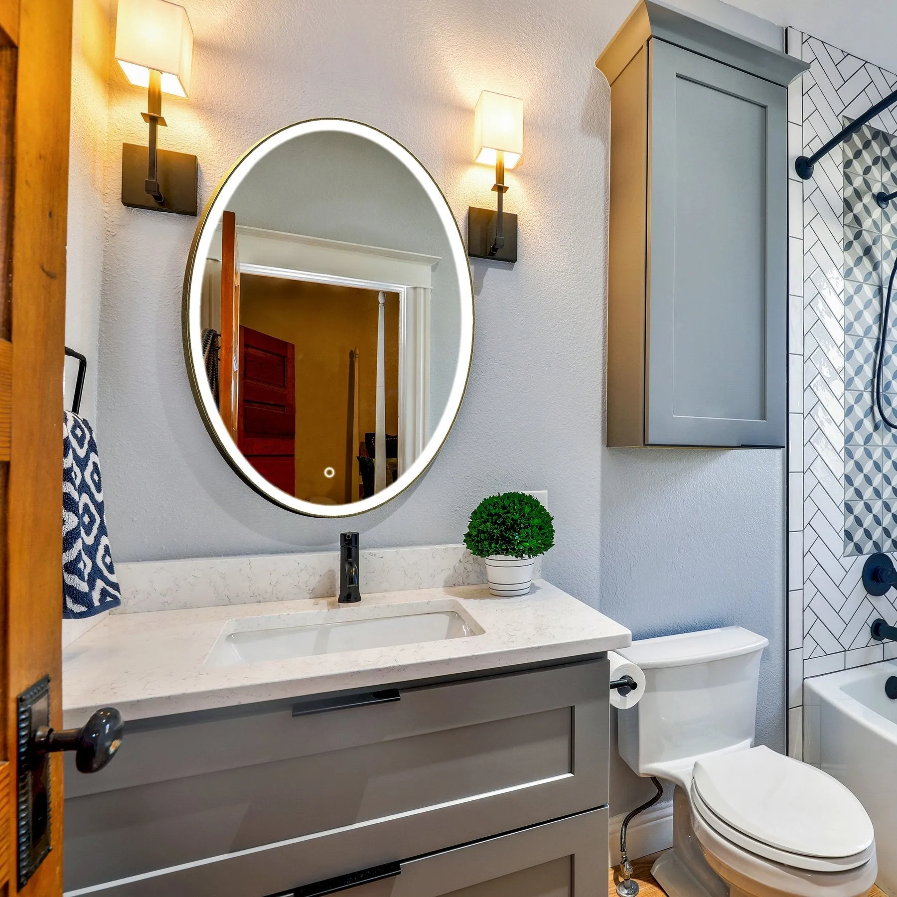 Oval LED Lighted Bathroom Mirror, Modern Touch Switch Dimmable Wall Mounted Mirror ,CCT Remembrance, Lunar Style