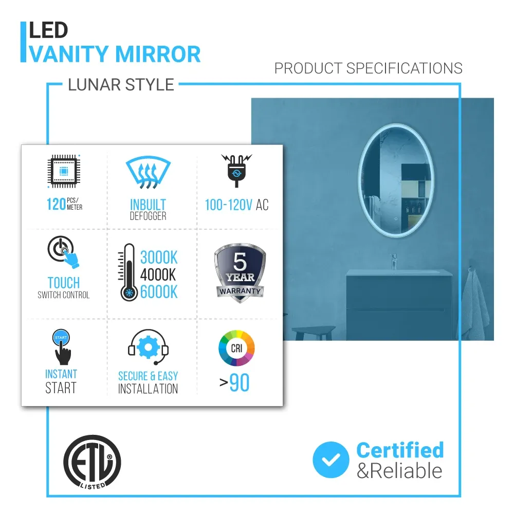 Oval LED Lighted Bathroom Mirror, Modern Touch Switch Dimmable Wall Mounted Mirror ,CCT Remembrance, Lunar Style