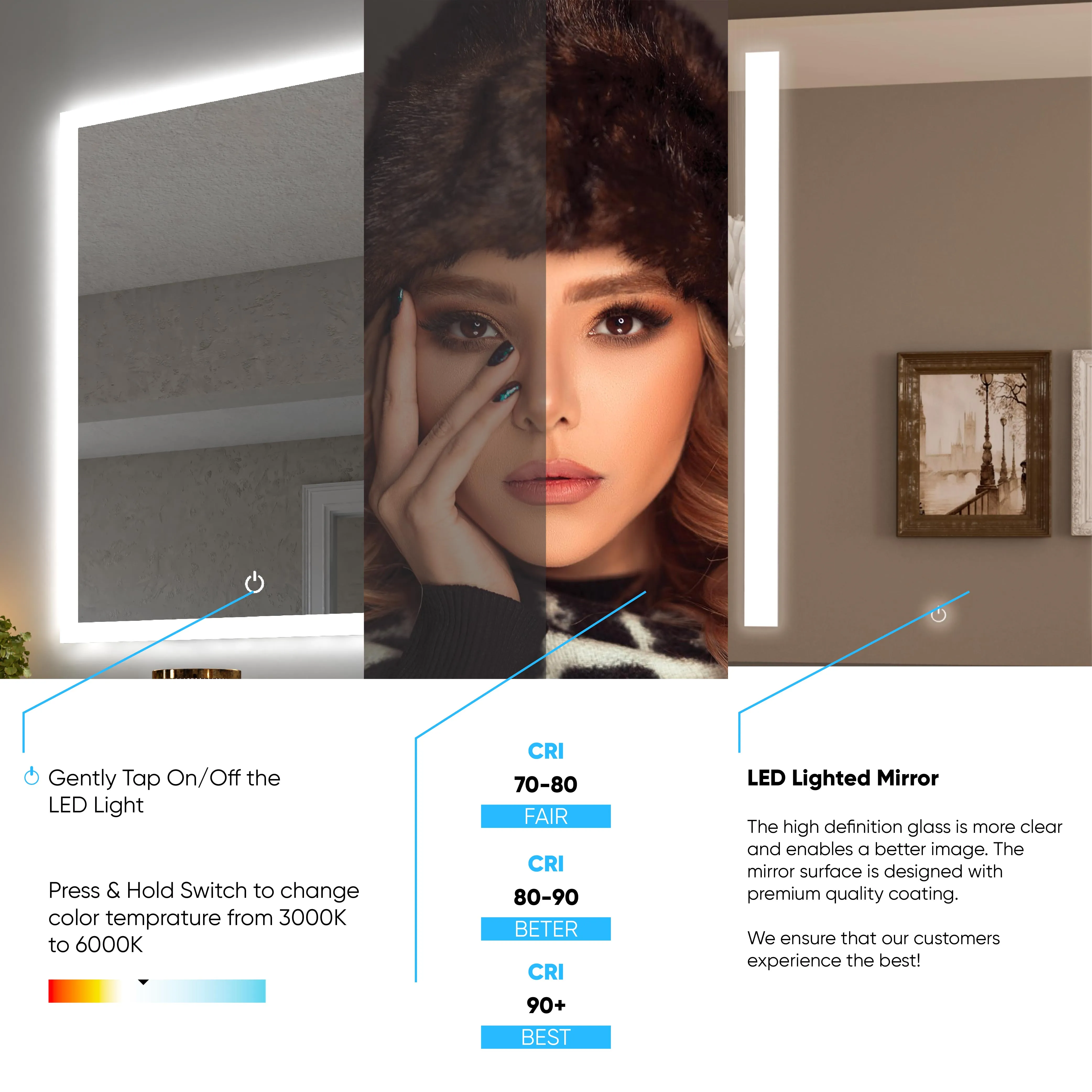 Oval LED Lighted Bathroom Mirror, Modern Touch Switch Dimmable Wall Mounted Mirror ,CCT Remembrance, Lunar Style