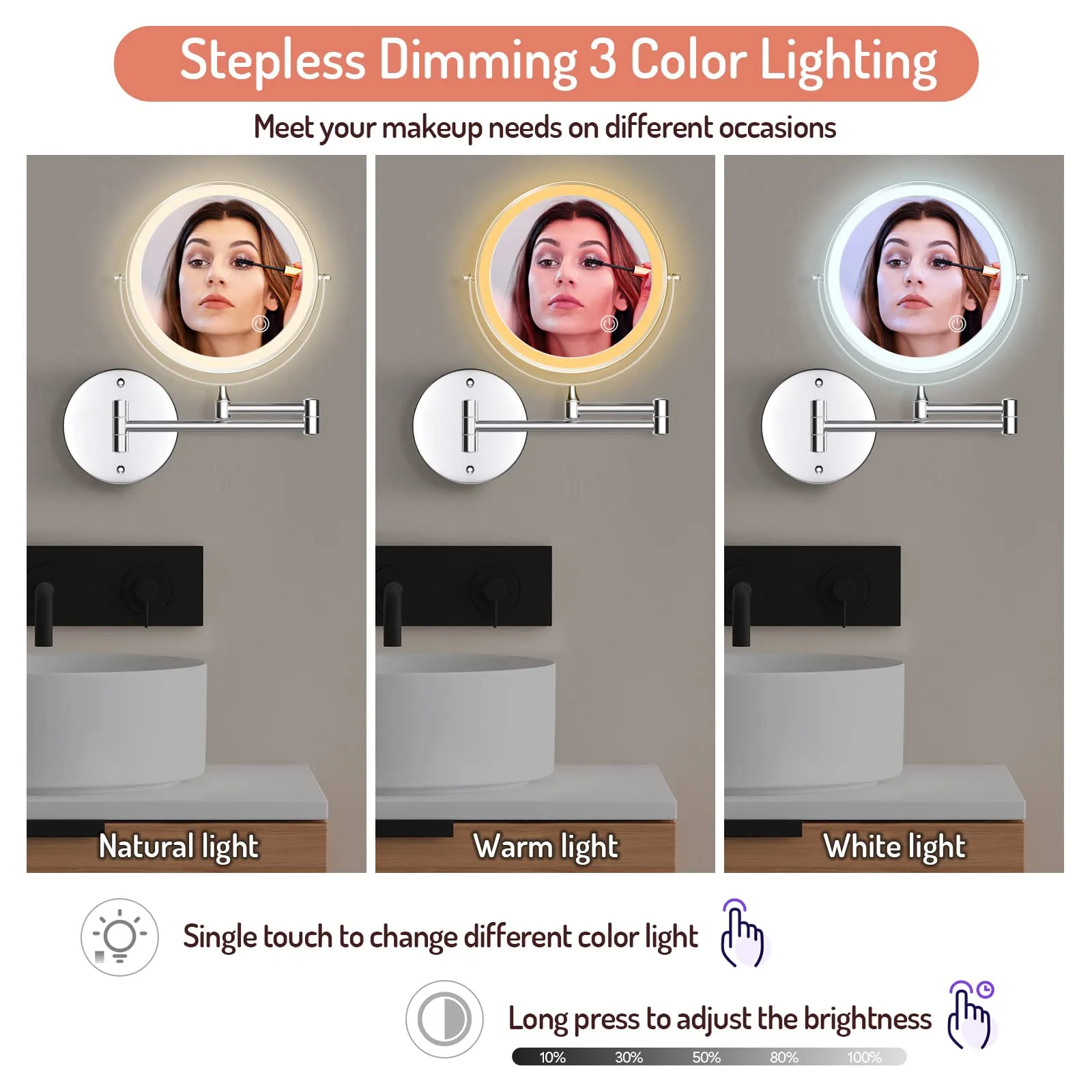 Rechargeable Wall Mounted Lighted Makeup Mirror Chrome, 8 Inch Double-Sided LED Vanity Mirror 1X/10X Magnification,3 Color Lights Touch Screen Dimmable 360°Swivel 13 Inch Extendable Bathroom Mirror