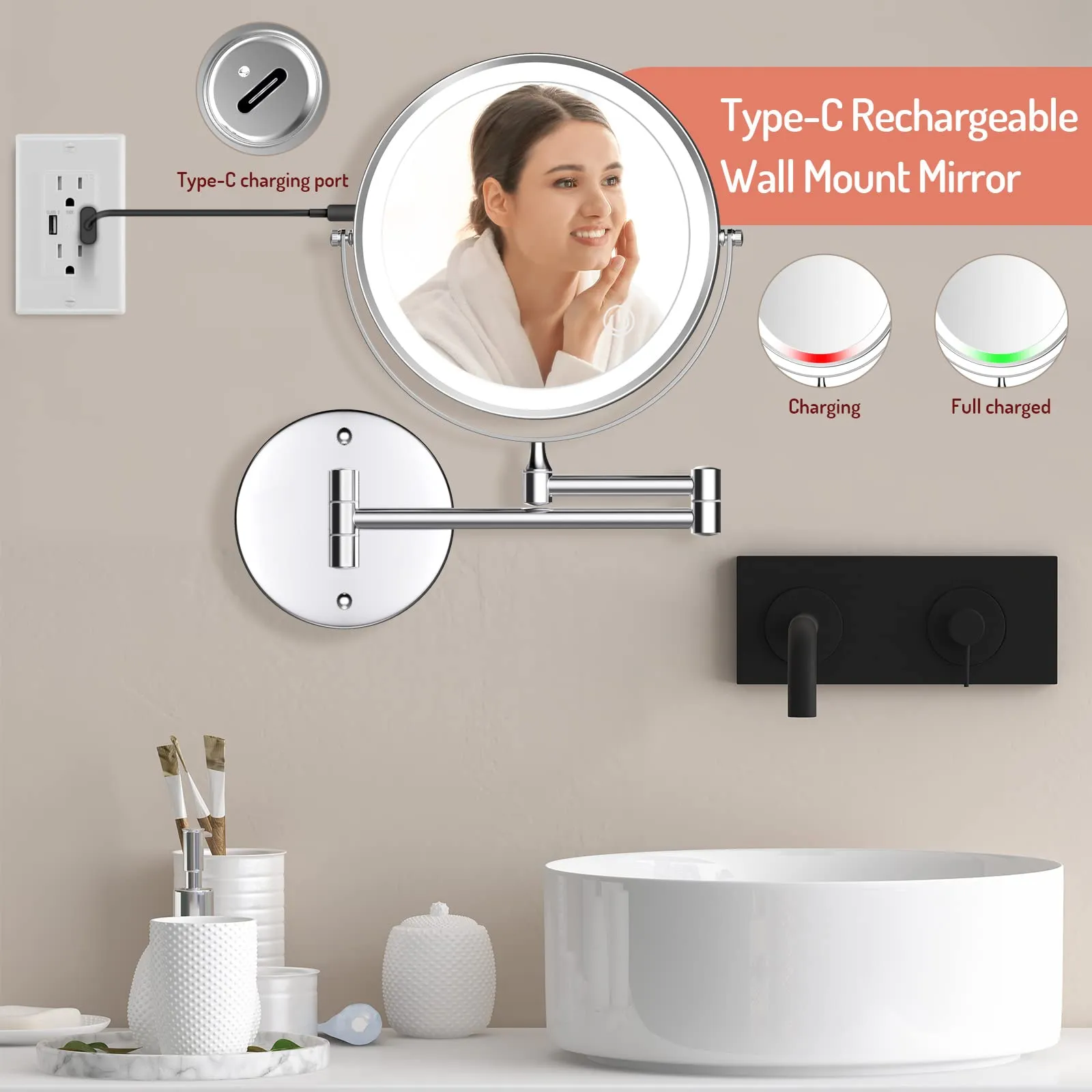 Rechargeable Wall Mounted Lighted Makeup Mirror Chrome, 8 Inch Double-Sided LED Vanity Mirror 1X/10X Magnification,3 Color Lights Touch Screen Dimmable 360°Swivel 13 Inch Extendable Bathroom Mirror