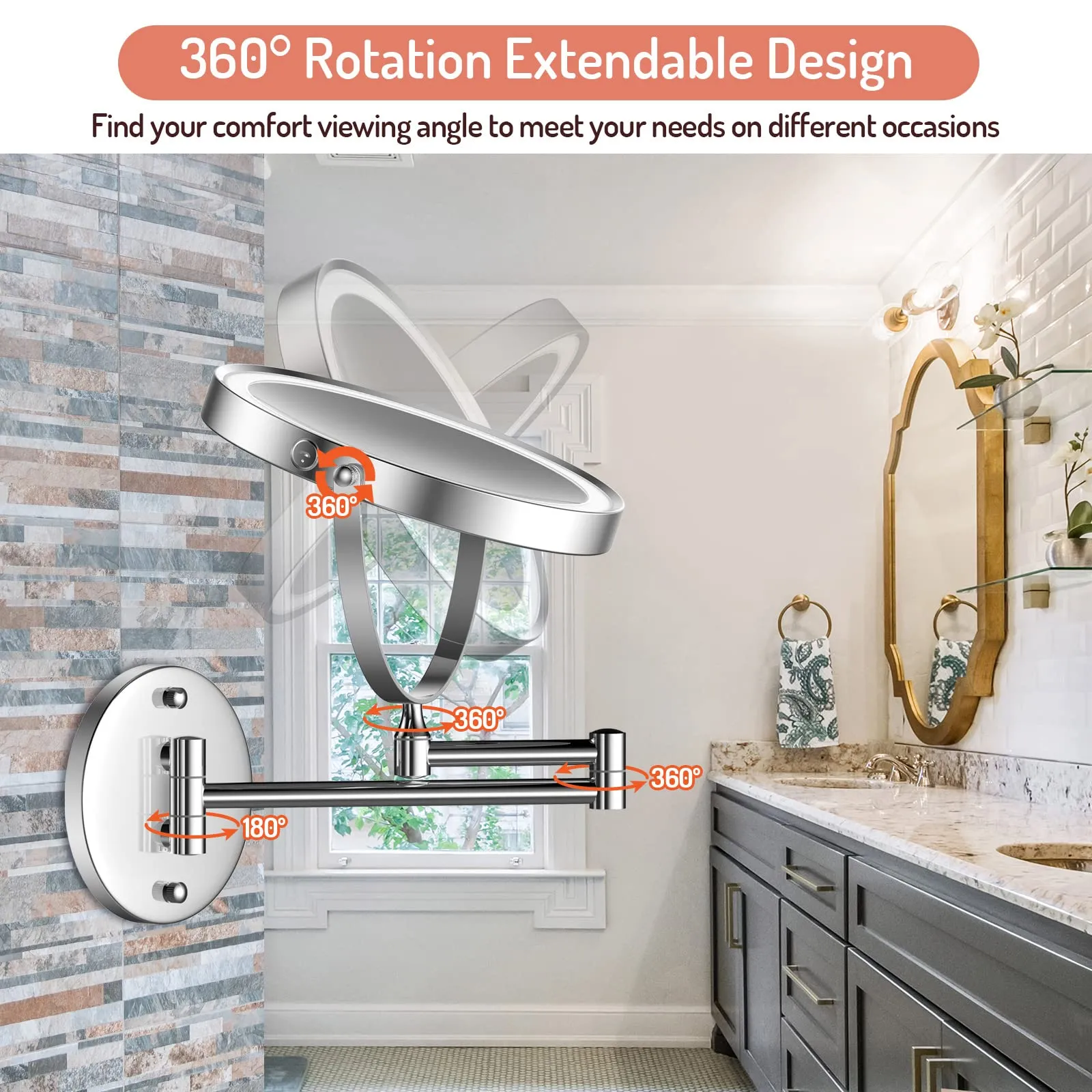 Rechargeable Wall Mounted Lighted Makeup Mirror Chrome, 8 Inch Double-Sided LED Vanity Mirror 1X/10X Magnification,3 Color Lights Touch Screen Dimmable 360°Swivel 13 Inch Extendable Bathroom Mirror