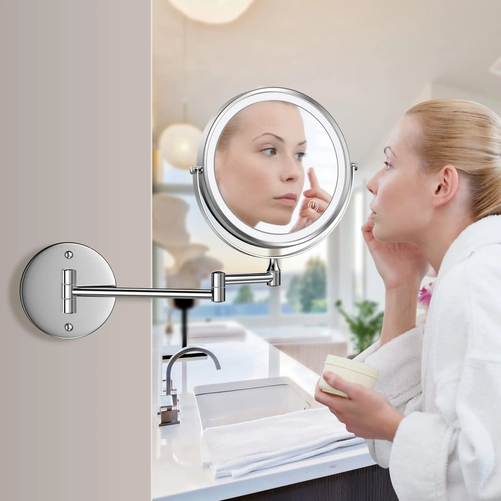 Rechargeable Wall Mounted Lighted Makeup Mirror Chrome, 8 Inch Double-Sided LED Vanity Mirror 1X/10X Magnification,3 Color Lights Touch Screen Dimmable 360°Swivel 13 Inch Extendable Bathroom Mirror