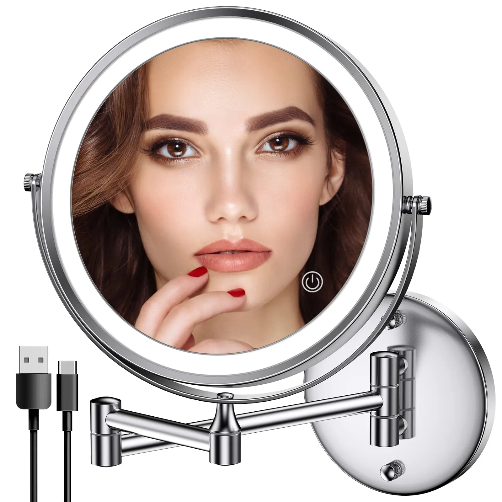 Rechargeable Wall Mounted Lighted Makeup Mirror Chrome, 8 Inch Double-Sided LED Vanity Mirror 1X/10X Magnification,3 Color Lights Touch Screen Dimmable 360°Swivel 13 Inch Extendable Bathroom Mirror