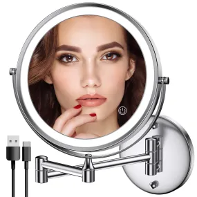Rechargeable Wall Mounted Lighted Makeup Mirror Chrome, 8 Inch Double-Sided LED Vanity Mirror 1X/10X Magnification,3 Color Lights Touch Screen Dimmable 360°Swivel 13 Inch Extendable Bathroom Mirror