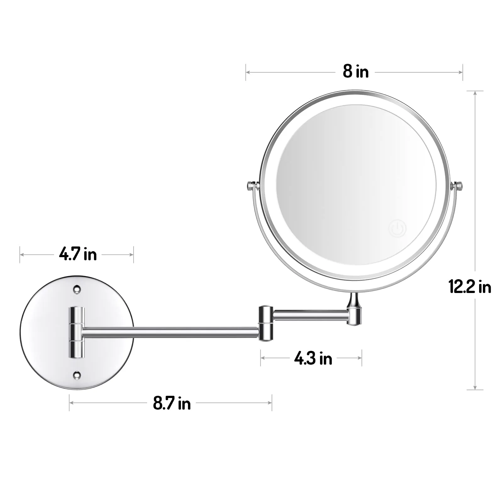 Rechargeable Wall Mounted Lighted Makeup Mirror Chrome, 8 Inch Double-Sided LED Vanity Mirror 1X/10X Magnification,3 Color Lights Touch Screen Dimmable 360°Swivel 13 Inch Extendable Bathroom Mirror