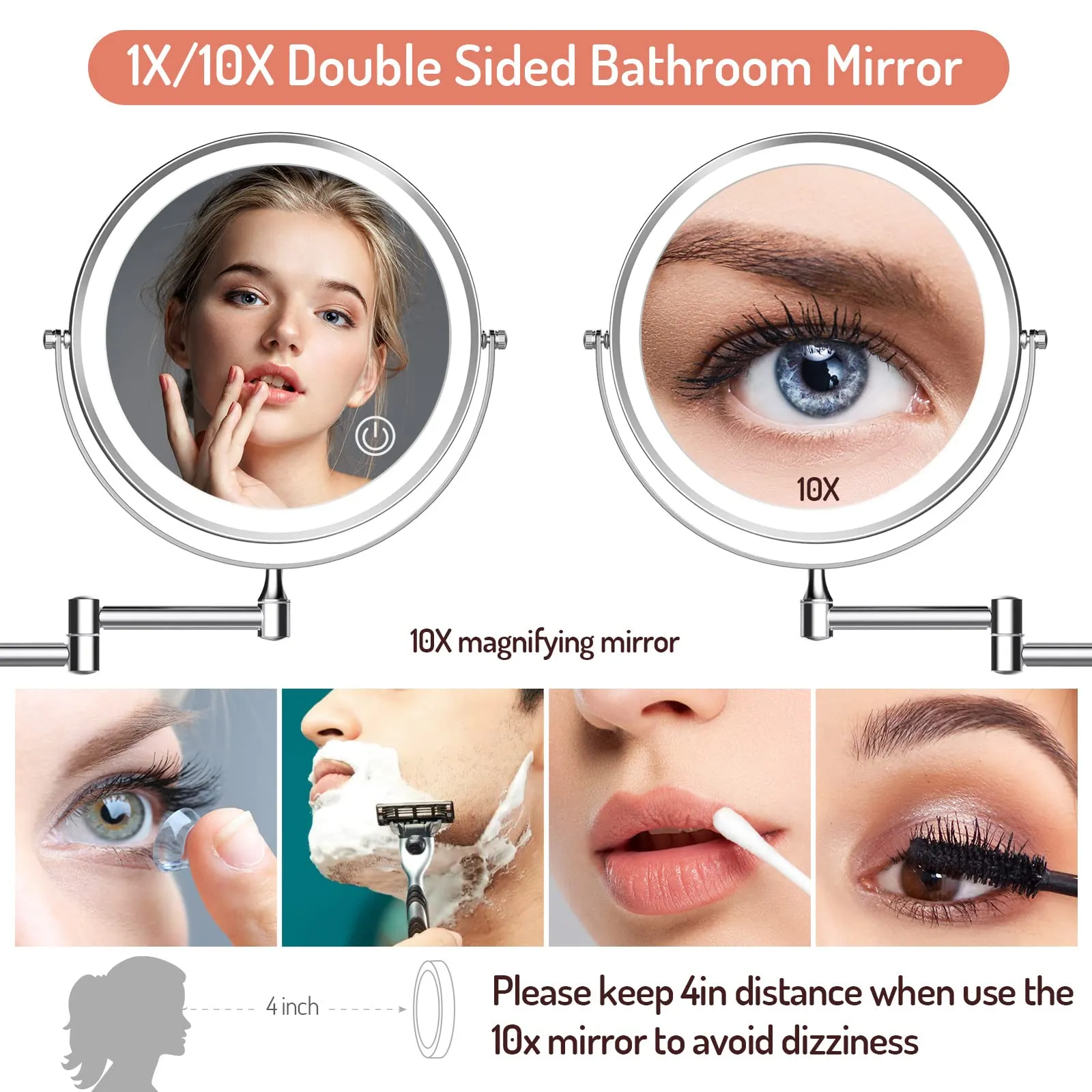 Rechargeable Wall Mounted Lighted Makeup Mirror Chrome, 8 Inch Double-Sided LED Vanity Mirror 1X/10X Magnification,3 Color Lights Touch Screen Dimmable 360°Swivel 13 Inch Extendable Bathroom Mirror