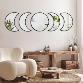 Rellon Industries Wall Mirror for Living Room 5 Pieces Decorative Mirror Wooden Moon Phase Wall Mirror Stickers Wall Decoration for Home Living Room Bedroom (Black)