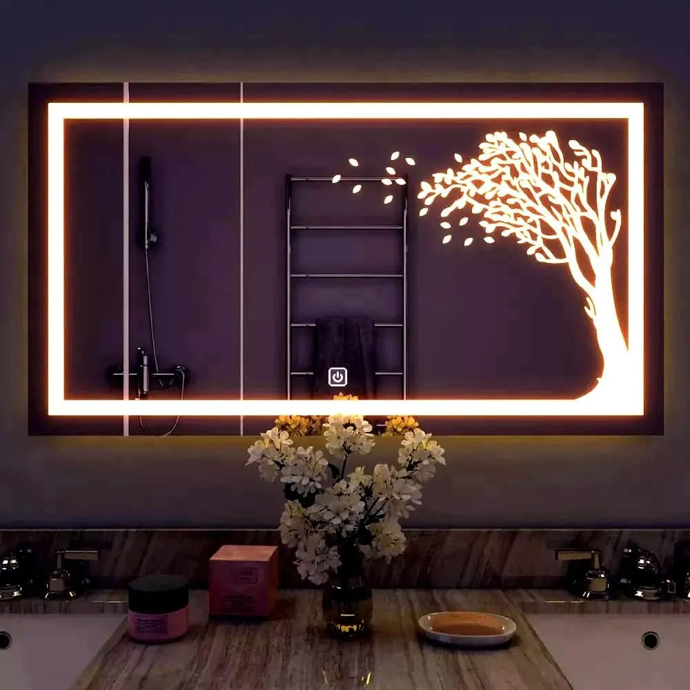 R.S Internationals Led Mirror Wall Mounted Rectangular Led Glass Wall Mirror with Warm Light   White Light   Cool Day Light   Dimmer (24X18 inch)