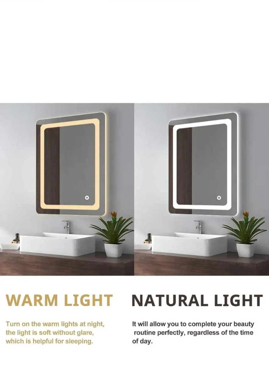R.S Internationals Led Mirror Wall Mounted Rectangular Led Glass Wall Mirror with Warm Light   White Light   Cool Day Light   Dimmer (24X18 inch)